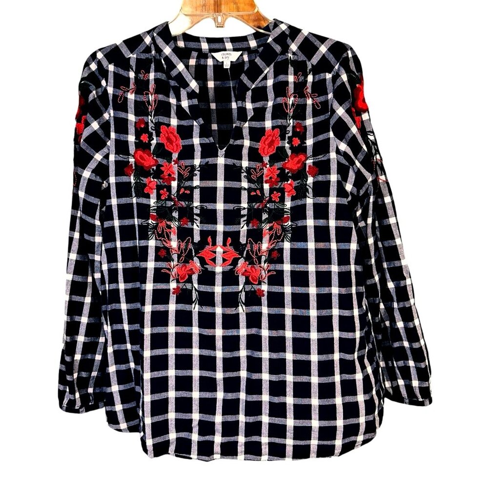 Crown & Ivy Boho Plaid Peasant Top L Floral Embroidered Cottagecore Chic